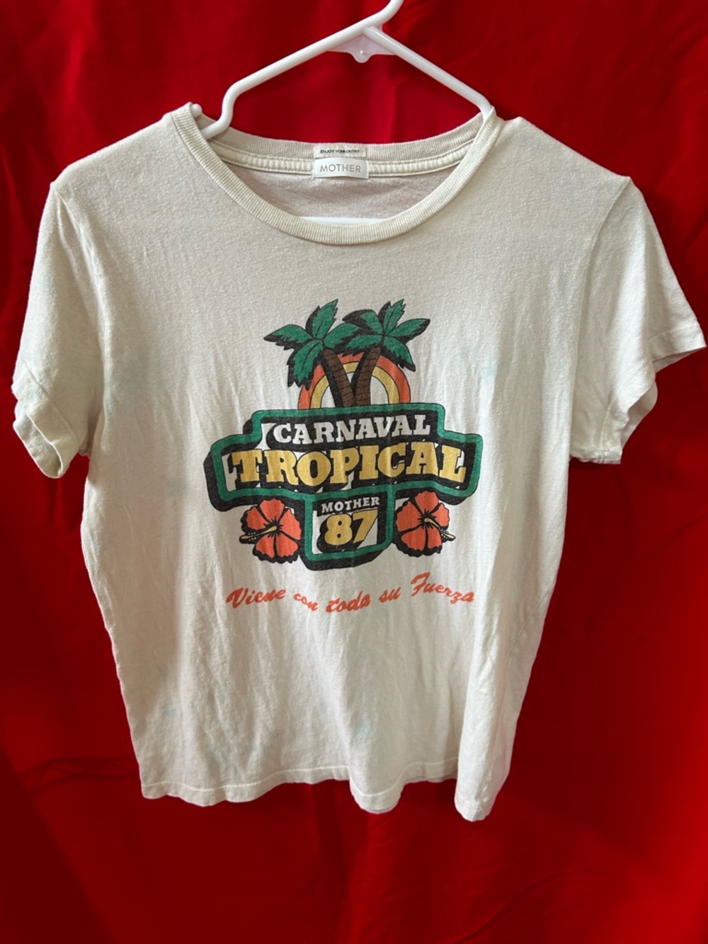 MOTHER White Tropical Carnaval Graphic Tee with Green & Yellow Accents